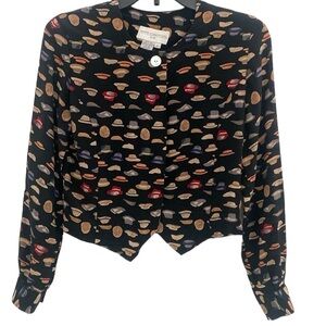 Petite Sophisticates Vintage Silk Hat Design Long-sleeved Button-up Top